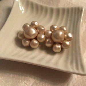 Champagne Faux Pearl Cluster Earrings Clip on